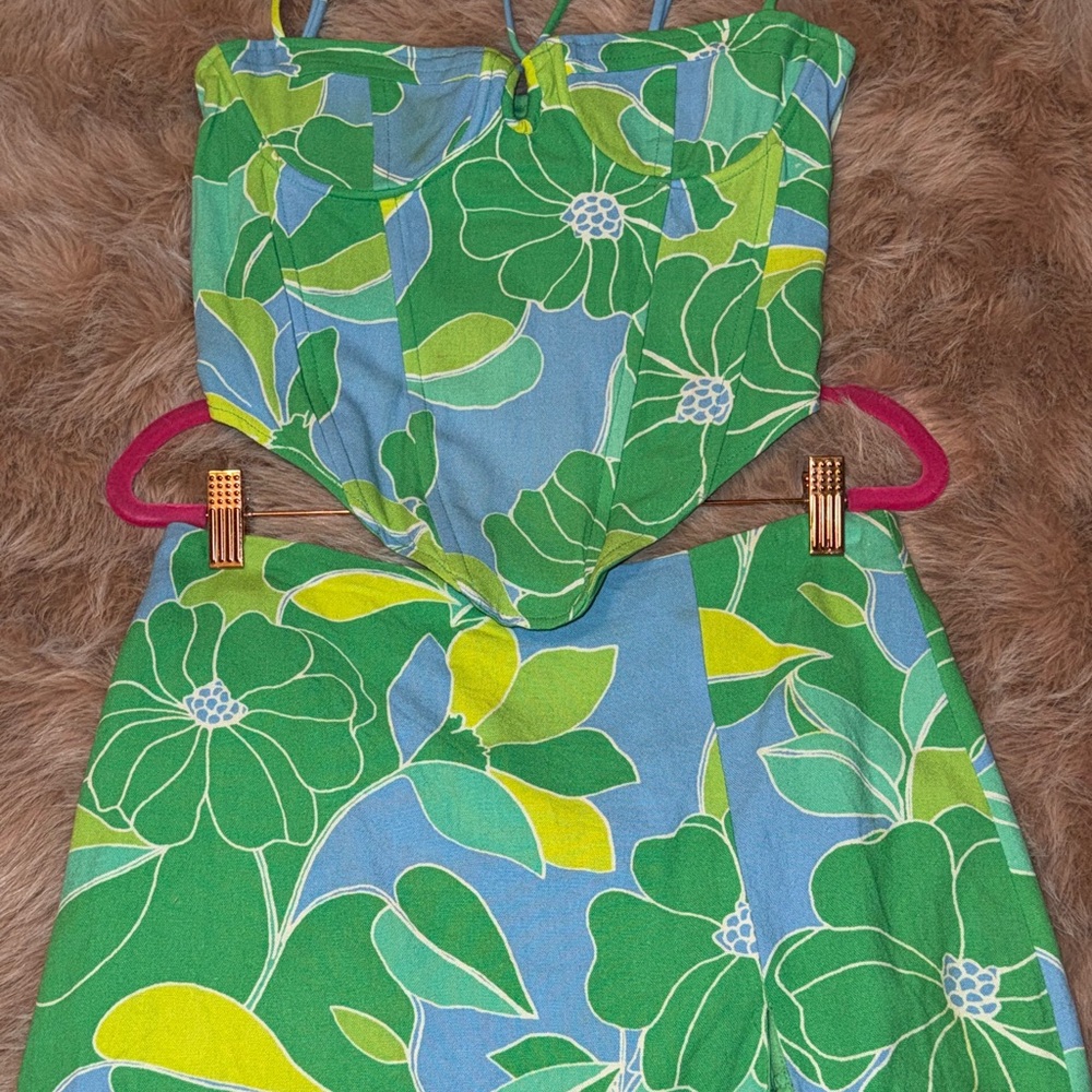 Floral Green and Blue Two Piece Set